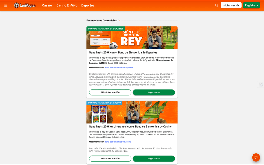 Promociones de LeoVegas con bonos de bienvenida para casino y deportes