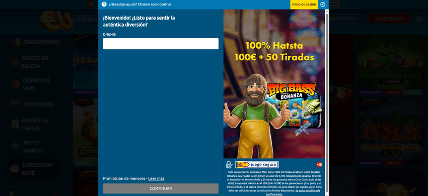 Inicio de sesión y oferta de EUcasino Ventana de inicio de sesión de EUcasino con promoción de bienvenida