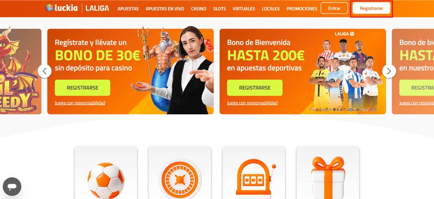 Botón blanco “Registrarse” en la esquina superior derecha de la web de Luckia.