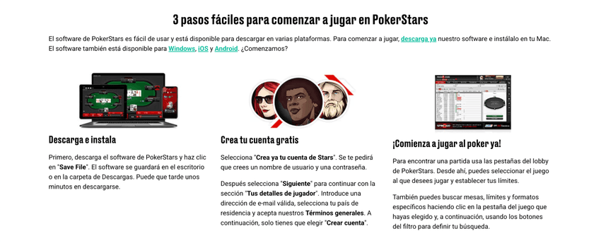 Guía visual de tres pasos para descargar el software, crear una cuenta y empezar a jugar en PokerStars.