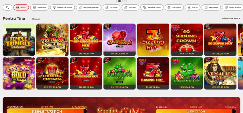 Lobby-ul de sloturi 32Roșu cu jocuri precum Dice & Roll, Shining Crown, Burning Hot și 40 Shining Crown Bell Link.