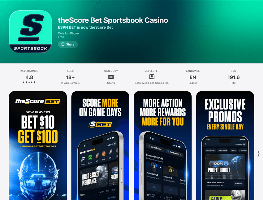 theScore Bet Sportsbook Casino app preview showing sportsbook and casino features on iPhone