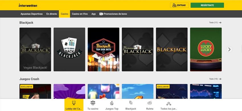 Sección de blackjack en Interwetten con juegos de casino disponibles