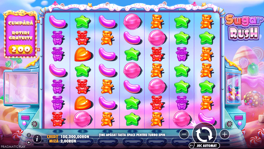 Interfața Sugar Rush de la Pragmatic Play cu grilă de simboluri colorate, bomboane și opțiunea de cumpărare a rotirilor gratuite.