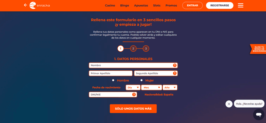 Proceso de registro en Enracha España Formulario de registro de Enracha con datos personales y DNI o NIE