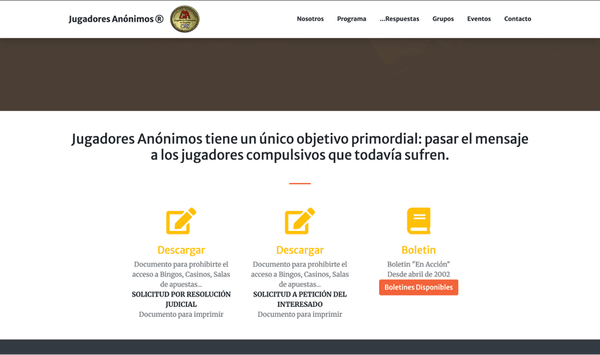 Página de Jugadores Anónimos España con documentos de autoexclusión y boletín