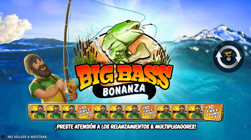Big Bass Bonanza de Pragmatic Play Pantalla de Big Bass Bonanza de Pragmatic Play con pescador y giros gratis