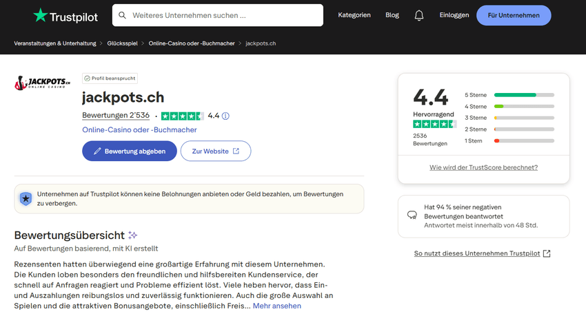 Jackpot.ch bewertung auf Trustpilot Screenshot der Jackpot.ch bewertung auf Trustpilot