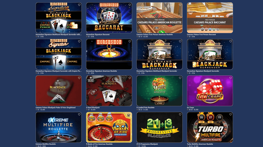Screenshot of Horseshoe table games section