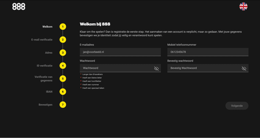 888 Casino registratie en account aanmaken Screenshot van het registratieproces bij 888 Casino Nederland