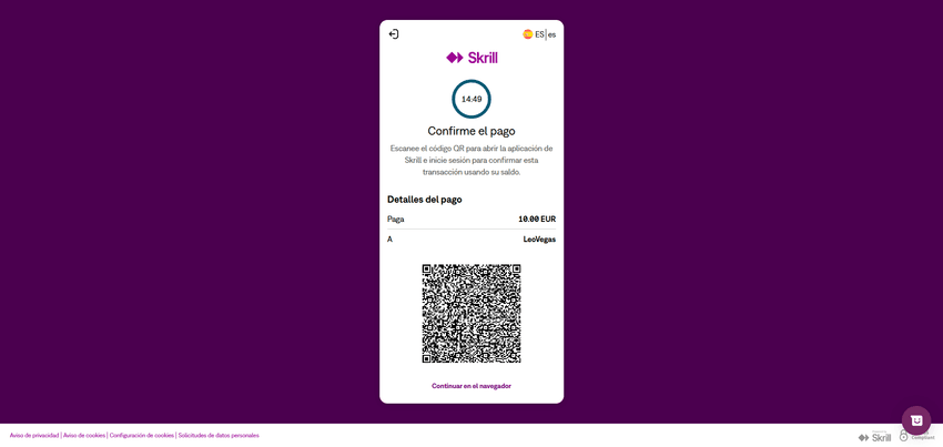 Confirmación de depósito con Skrill Pantalla de Skrill mostrando la confirmación de un pago mediante código QR para completar un depósito en un casino online.