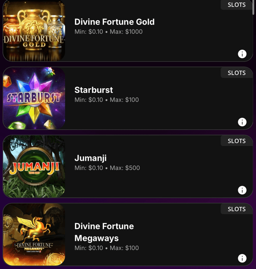 NetEnt slots at DraftKings including Divine Fortune Gold, Starburst, Jumanji and Divine Fortune Megaways