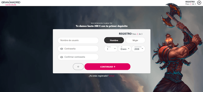 Registro Gran Casino Madrid paso 2 Formulario de registro paso 2 en Gran Casino Madrid para crear nombre de usuario y contraseña.