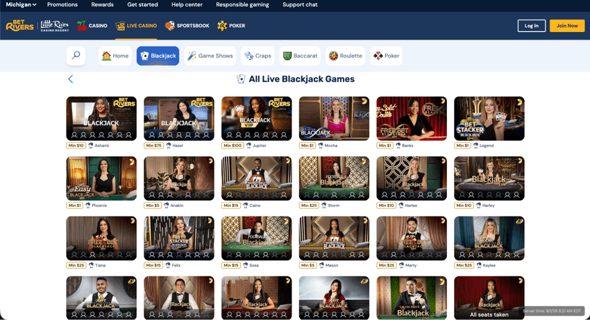 Evolution Blackjack Games at BetRivers Casino BetRivers Michigan live blackjack lobby with Evolution and exclusive blackjack tables