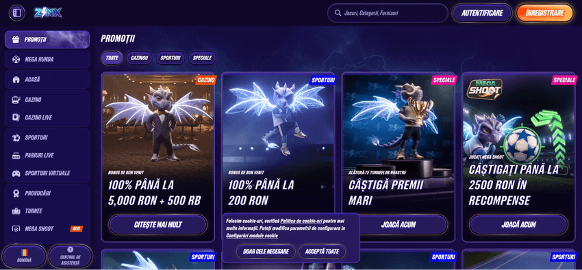 Pagina de promoții Zinx cu bonus de bun venit de 100% până la 5.000 RON și 500 RB, plus turnee și promoții sportive.
