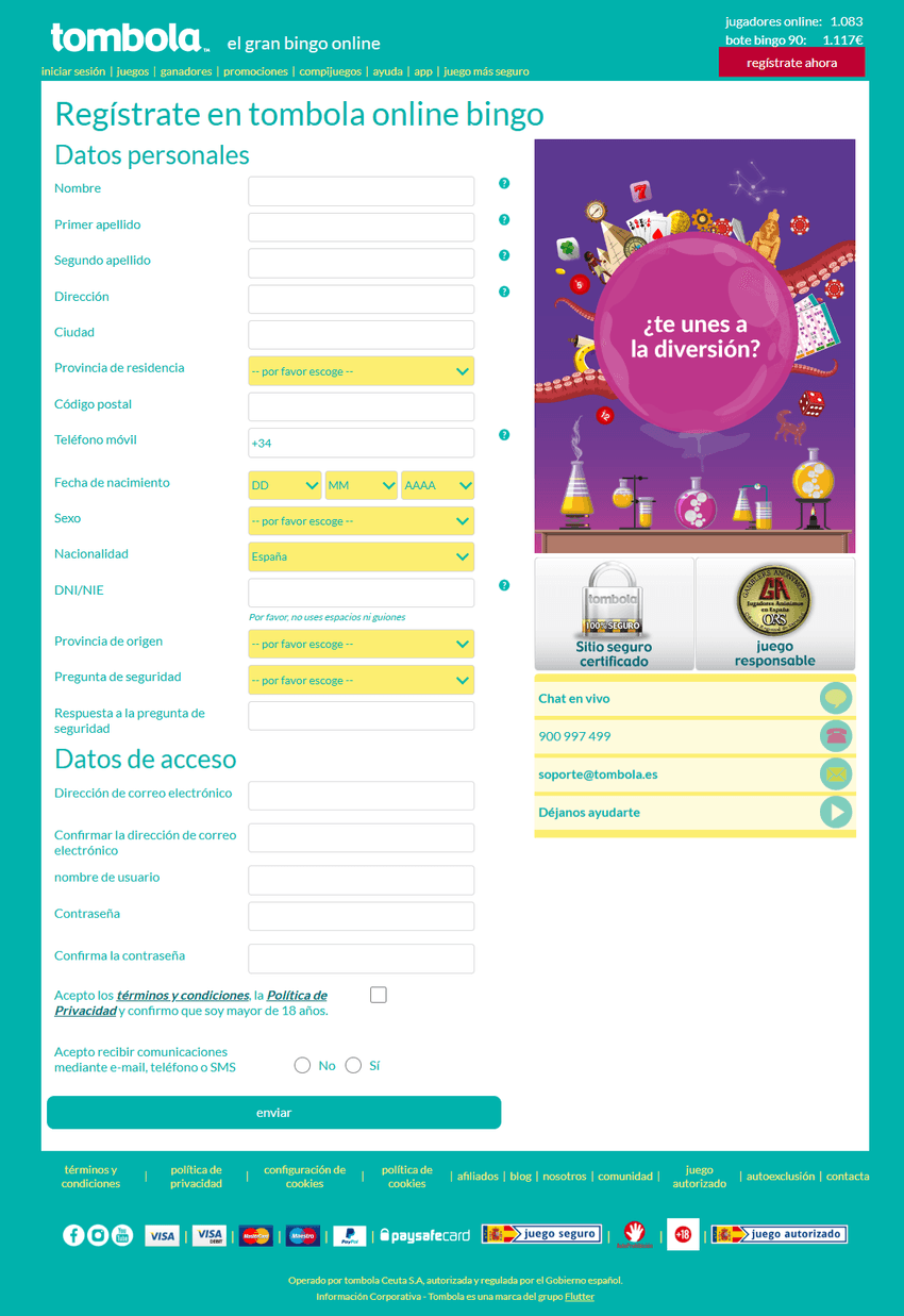 Formulario de registro en tombola con datos personales y campos de verificación