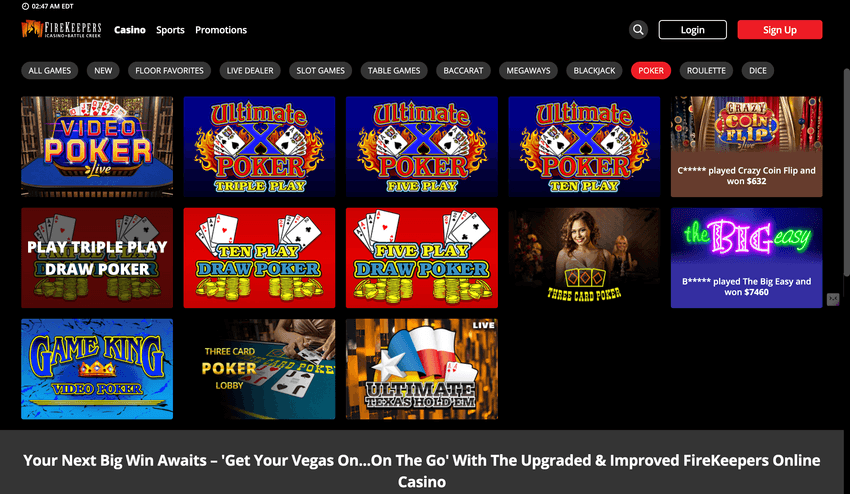 Screenshot of FireKeepers Casino iGaming poker page displaying video poker and multi-hand games such as Ultimate X Poker, Draw Poker, and Texas Hold’em.