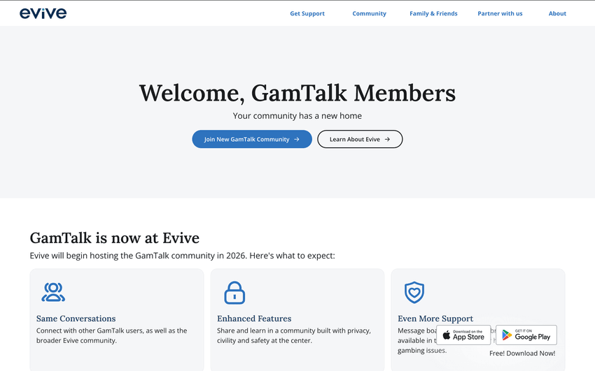 GamTalk homepage featuring Dr. Richard Wood’s welcome message and links to chat, stories of hope, and community support.