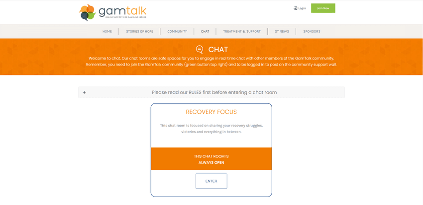 GamTalk Recovery Chat Room – Real-Time Support GamTalk chat page showing the Recovery Focus room for sharing gambling recovery experiences.