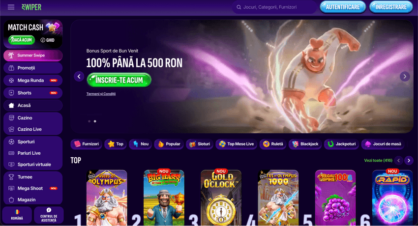 Lobby-ul Swiper și oferta de bun venit Pagina principală Swiper cu bonus sportiv de bun venit de 100% până la 500 RON și acces la sloturi, live casino, jackpoturi și jocuri de masă.