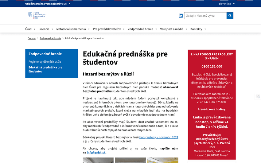 Snímka obrazovky stránky Edukačná prednáška pre študentov na webe Úradu pre reguláciu hazardných hier s informáciami o projekte, jeho cieľoch a možnostiach zapojenia škôl