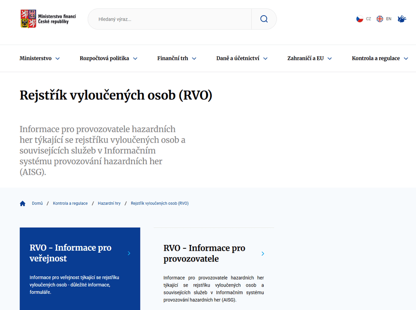 Rejstřík vyloučených osob (RVO) Stránka Rejstříku vyloučených osob (RVO) na webu Ministerstva financí ČR.