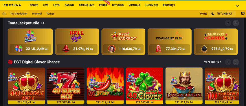 Secțiunea Fortuna cu jackpoturi și sloturi EGT