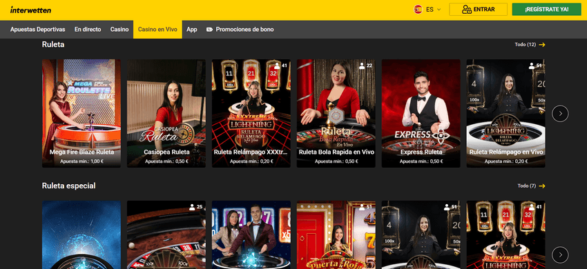 Lobby de casino en vivo de Interwetten con diferentes mesas de ruleta