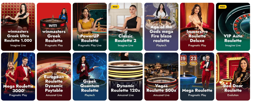 Επιλογή ρουλετών στη Winmasters με Greek Ultra Roulette 1.000, winmasters Greek Roulette, PowerUP Roulette και Greek Quantum Roulette.