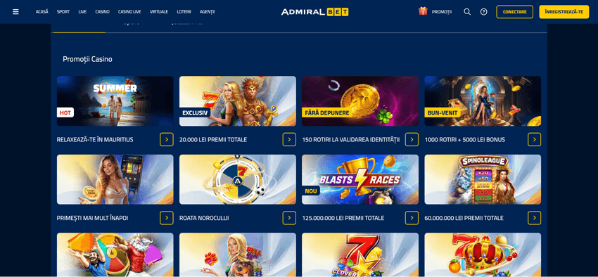 AdmiralBet Casino – promoții și bonusuri Pagina de promoții AdmiralBet Casino cu bonus de bun venit, rotiri gratuite, Roata Norocului și turnee