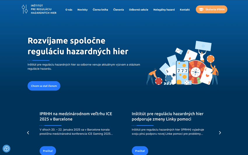Screenshot hlavnej stránky webovej stránky Inštitútu pre reguláciu hazardných hier so sekciami o regulácii, výskume a zodpovednom hraní na Slovensku