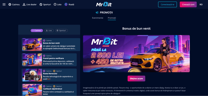 Promoții MrBit și bonus de bun venit Pagina de promoții MrBit cu bonusul de bun venit de până la 2.500 lei și 450 de rotiri gratuite