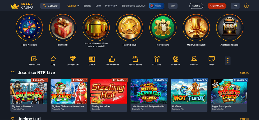 Homepage Frank Casino pe desktop Pagina principală Frank Casino pe desktop, cu categorii de jocuri și secțiunea Jocuri cu RTP Live