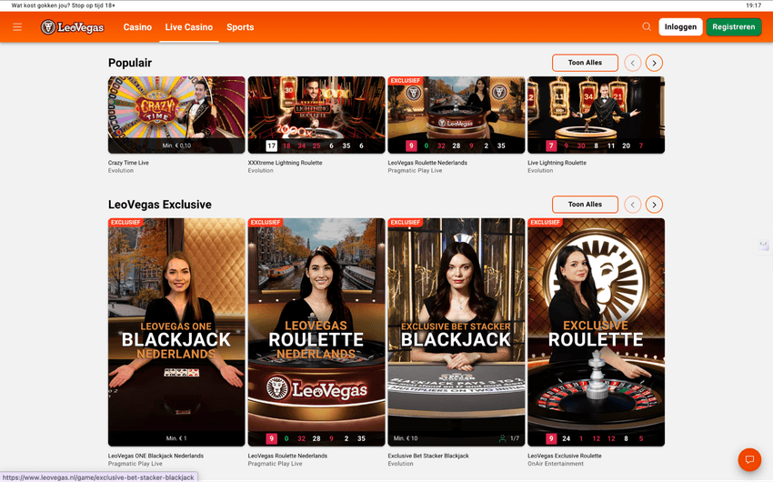 Screenshot van het live casino van LeoVegas met live dealer spellen
