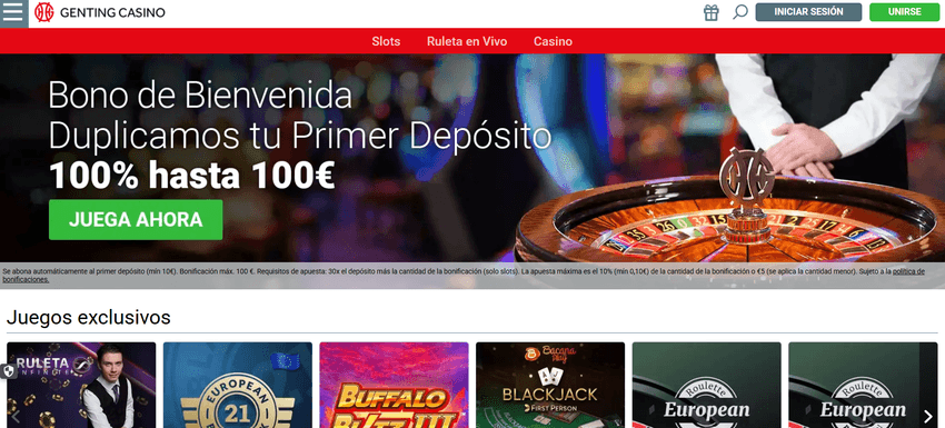Página principal de Genting Casino España con bono de bienvenida del 100 % hasta 100 €