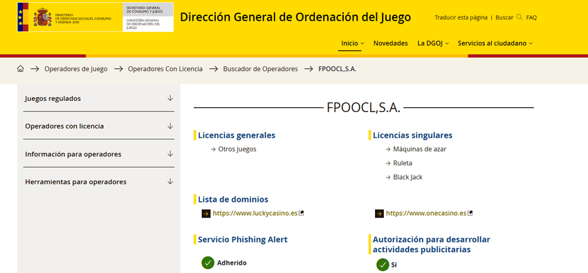 Licencia OneCasino España Página oficial de la DGOJ mostrando licencia de OneCasino en España