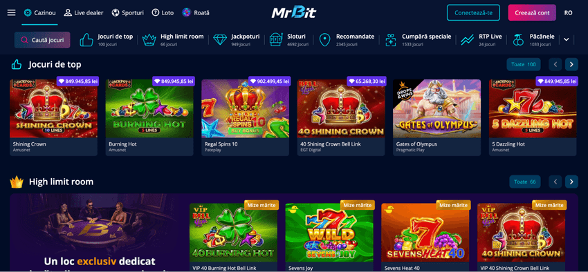 Homepage MrBit pe desktop Pagina principală MrBit pe desktop, cu secțiunile Jocuri de top și High limit room
