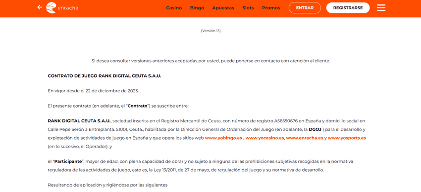 Términos y condiciones de Enracha Contrato de juego de Enracha versión 13 con datos de Rank Digital Ceuta