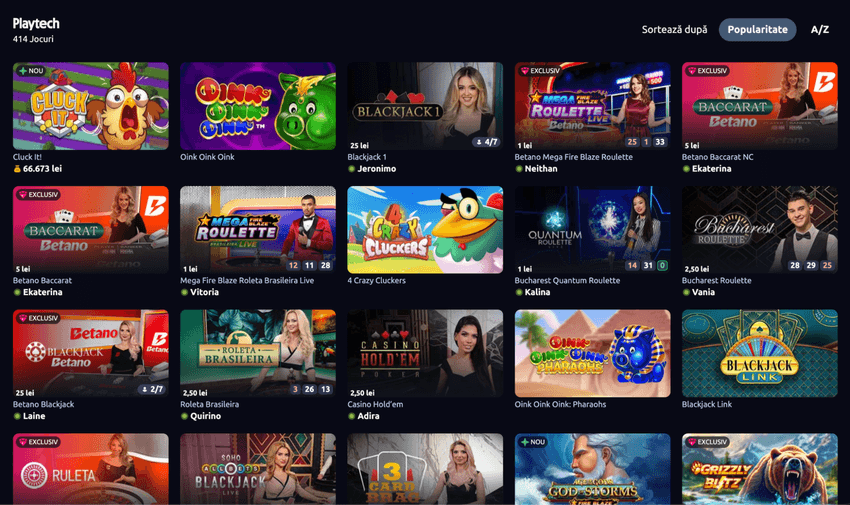 Betano – jocuri și live casino Playtech Secțiunea Playtech de la Betano cu sloturi, blackjack, baccarat și mese de ruletă live