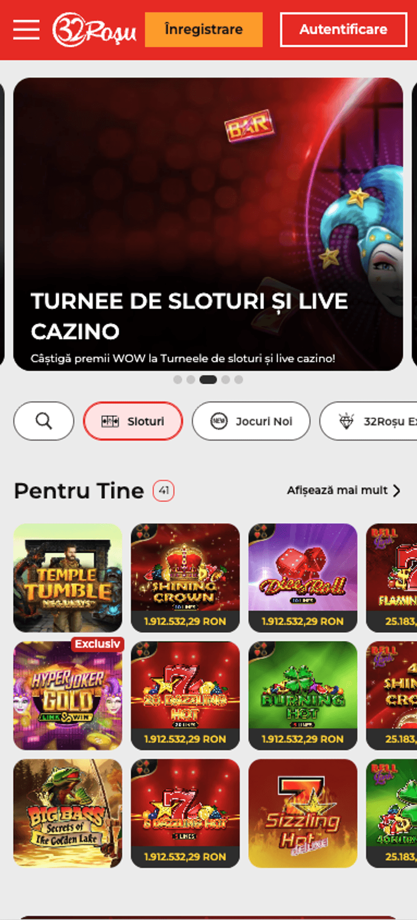 Experiența 32Roșu pe mobil Versiunea mobilă 32Roșu cu promoții, categorii de jocuri și sloturi