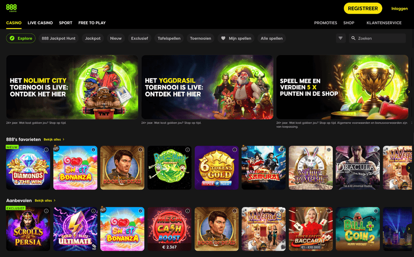 888 Casino Nederland homepage met welkomstbonus en online casinospellen Screenshot van de homepage van 888 Casino Nederland met promoties, slots en live casino
