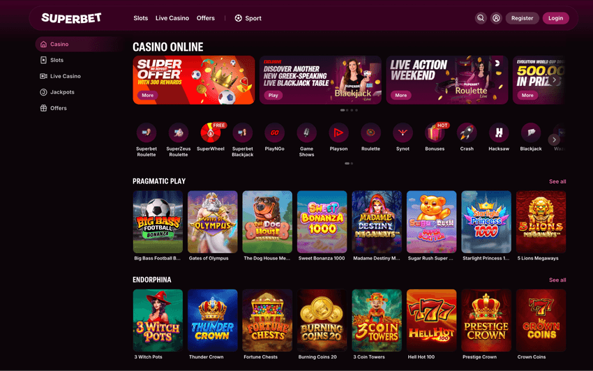 Superbet casino – αρχική σελίδα Αρχική σελίδα του Superbet online casino στην Ελλάδα με τις κατηγορίες παιχνιδιών
