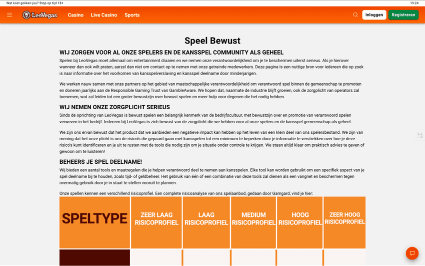 Screenshot van de verantwoord spelen pagina van LeoVegas Casino