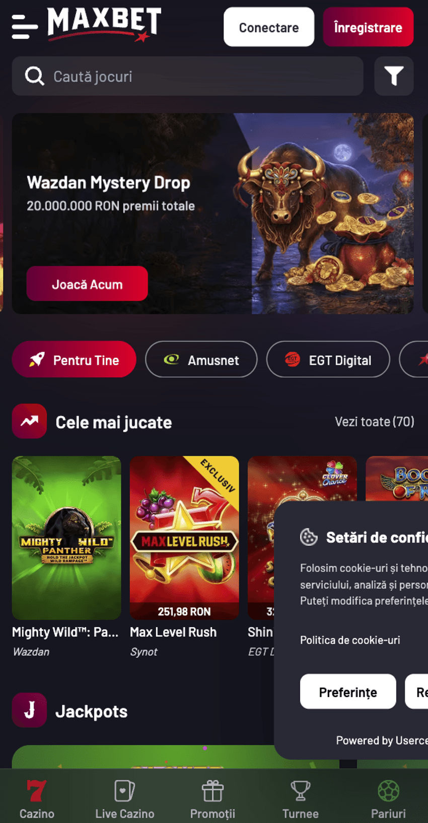 Versiunea mobilă MaxBet Casino cu sloturi, jackpoturi și filtre pentru jocuri