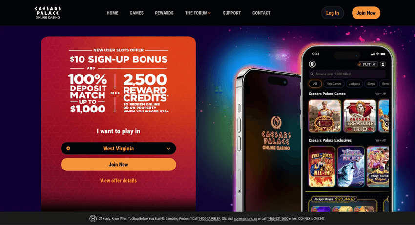 Caesars Palace Online Casino West Virginia welcome page showing its deposit match, reward credits, and mobile app.