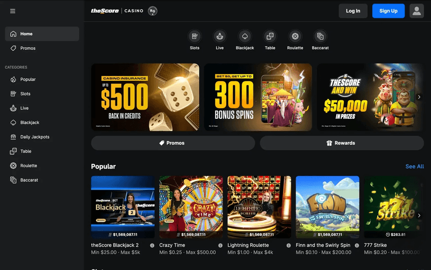 theScore Casino homepage with promotions, game categories, and popular casino games