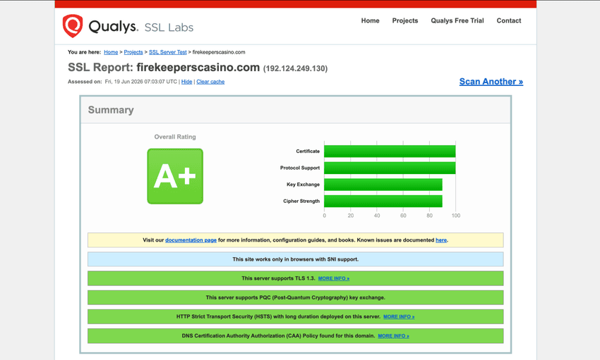 FireKeepers Online Casino SSL Labs Security Assessment FireKeepers Online Casino Michigan SSL Labs analysis highlighting HTTPS implementation, encryption standards, and web server security performance.