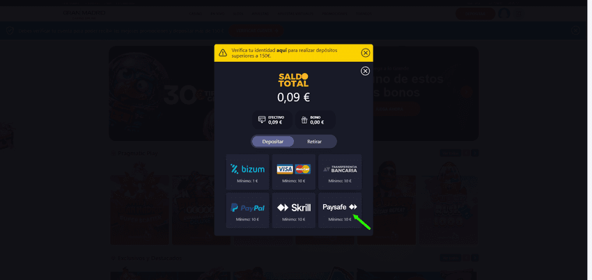 Captura del cajero de Casino Gran Madrid mostrando Bizum, Visa, transferencia bancaria, PayPal, Skrill y Paysafecard.