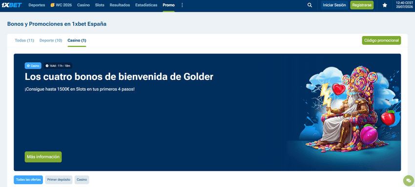 Página de promociones de casino de 1xBet con la oferta de bienvenida para nuevos jugadores.