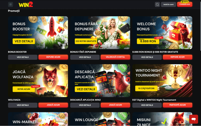 Secțiunea promoții Win2 cu bonusuri și oferte active